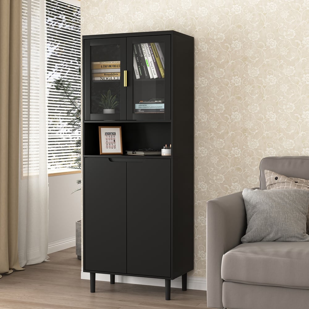 Tall Storage Show Cabinet with 2 Glass Display Door & 2 Doors, Modern Cabinet Freestanding for Bathroom, Dining Living Room