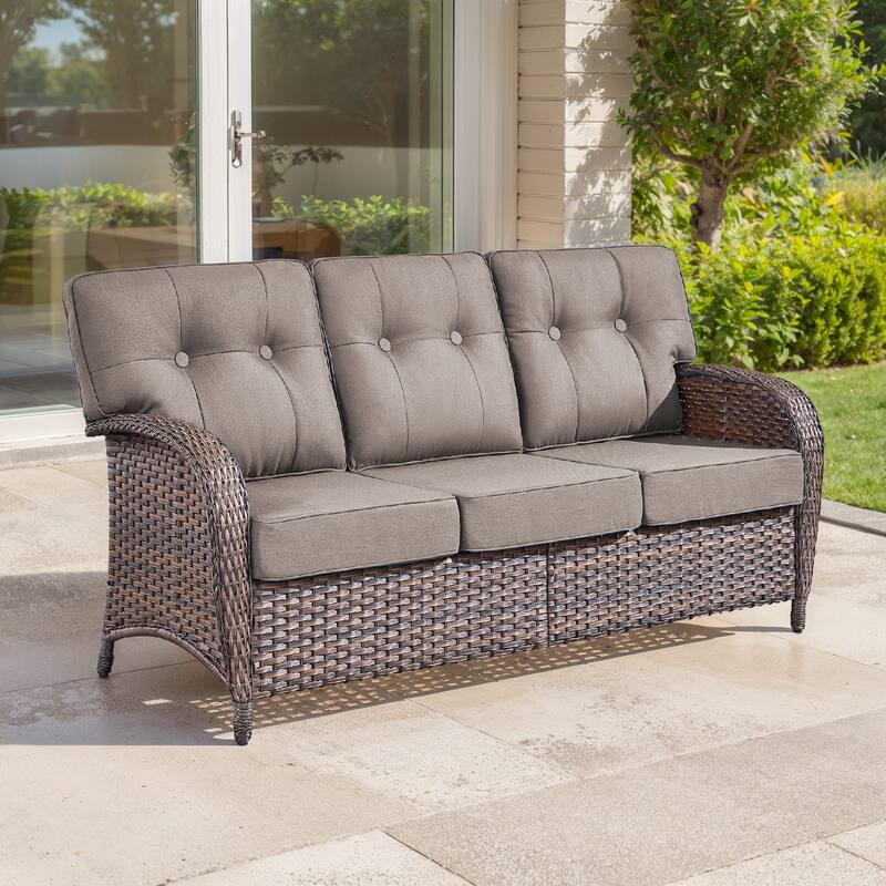 TWrap Brown Wicker Patio 3-Seat Sofa with 5-Inch Thick Cushions - Brown/Gray - Brown