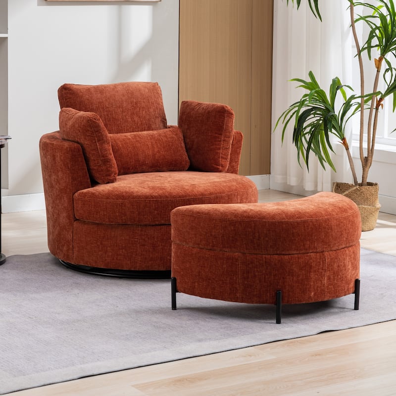 42.3"W Upholstered Swivel Accent Chair with 4 Pillows and Half-Moon Storage Ottoman - Terracotta