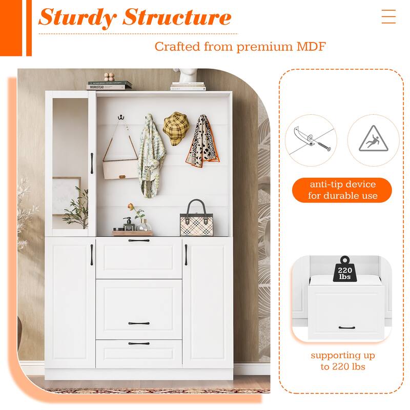 Wood Hall Tree with 4 Hooks, Entryway Bench with Integrated Shoe Cabinet Entryway Storage Cabinet with Mirrored Cabinet Door