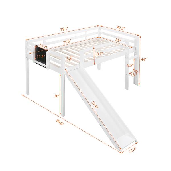 dimension image slide 0 of 3, Twin Size Loft Bed Wood Kids Bed Frame with Ladder, Slide & Chalkboard