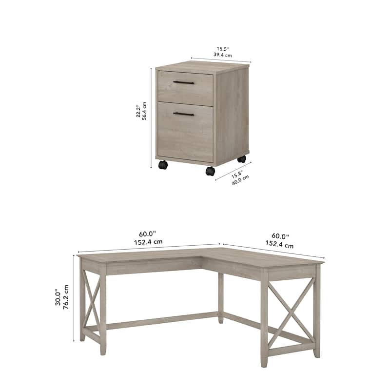 Key West 60W L Desk with 2 Drawer File Cabinet by Bush Furniture