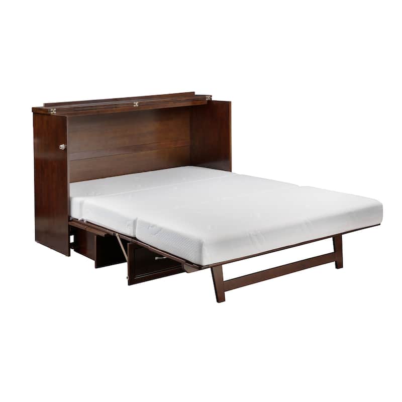 Deerfield Queen Murphy Bed Chest with 6" Mattress, Storage Drawer & Built-In Charger in Walnut