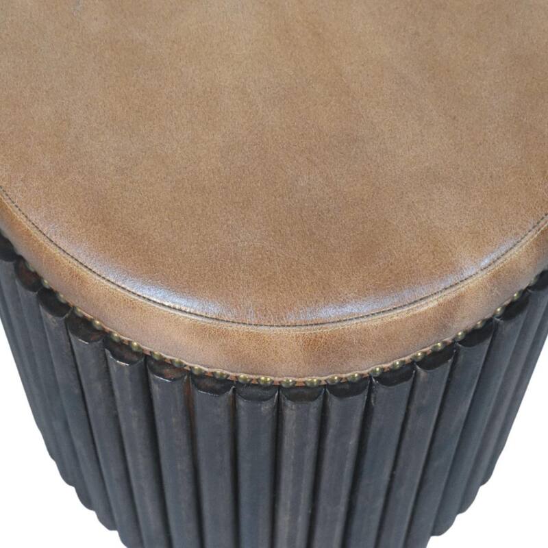 Artisan Furniture Solid Wood Ribbed Leather Accent Stool ,Brown