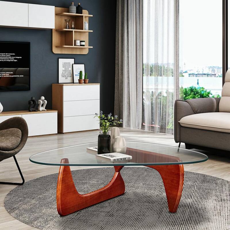 Triangle Glass Coffee Table with Solid Wood Base for Living Room