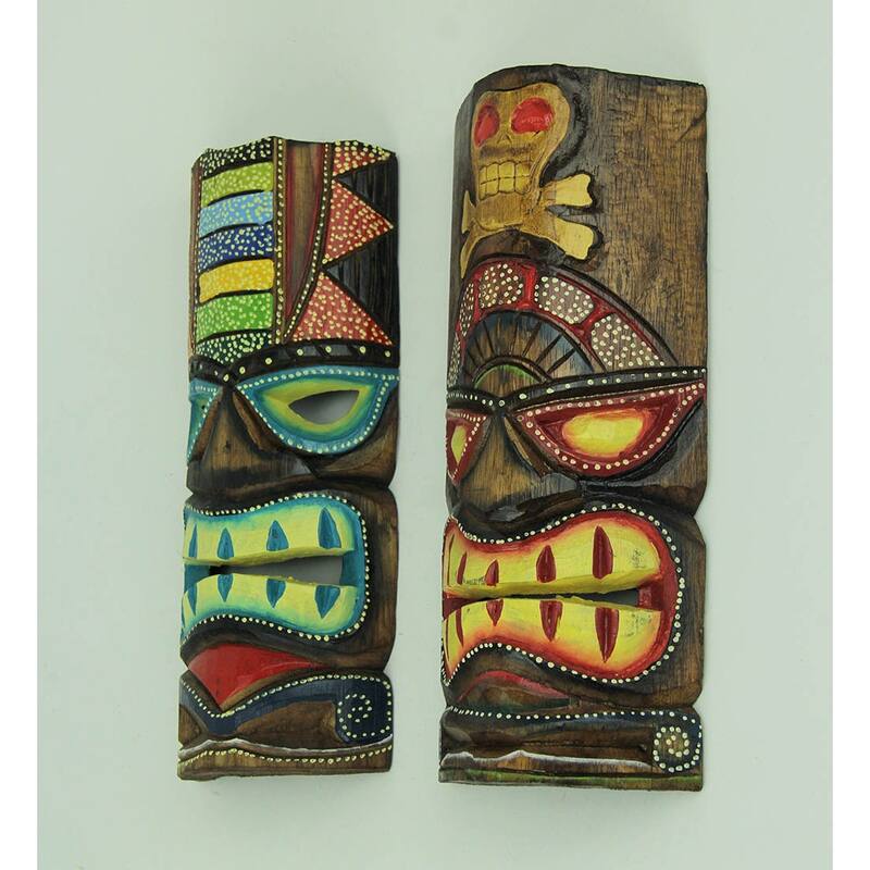 12 Inch Carved Wood Tiki Totem Wall Mask Tropical Decor (Set Of 2)