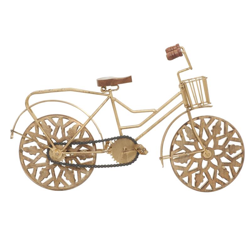 Metal Bike Decorative Sculpture with Carved Wood Wheels - White, Brown, Gold - Roche River Decor