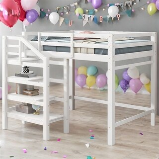 Full Size Loft Bed with Built-in Storage Staircase and Clothes Hanger, Space-Saving