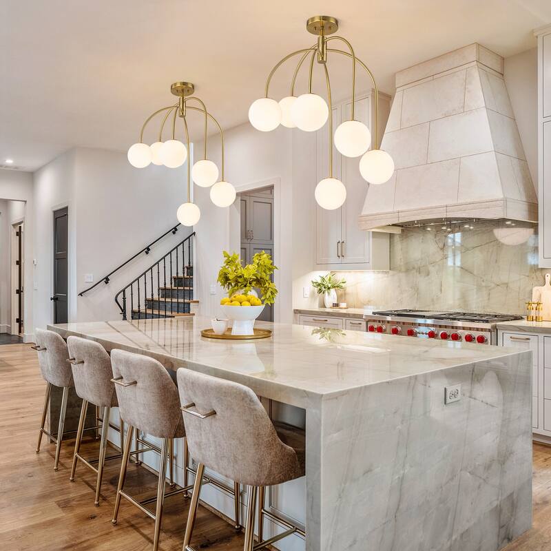 6-Light Brass Semi-Flush Mount Ceiling Light with Opal Glass Globe Shades - 27.2-in W x 32.3-in H