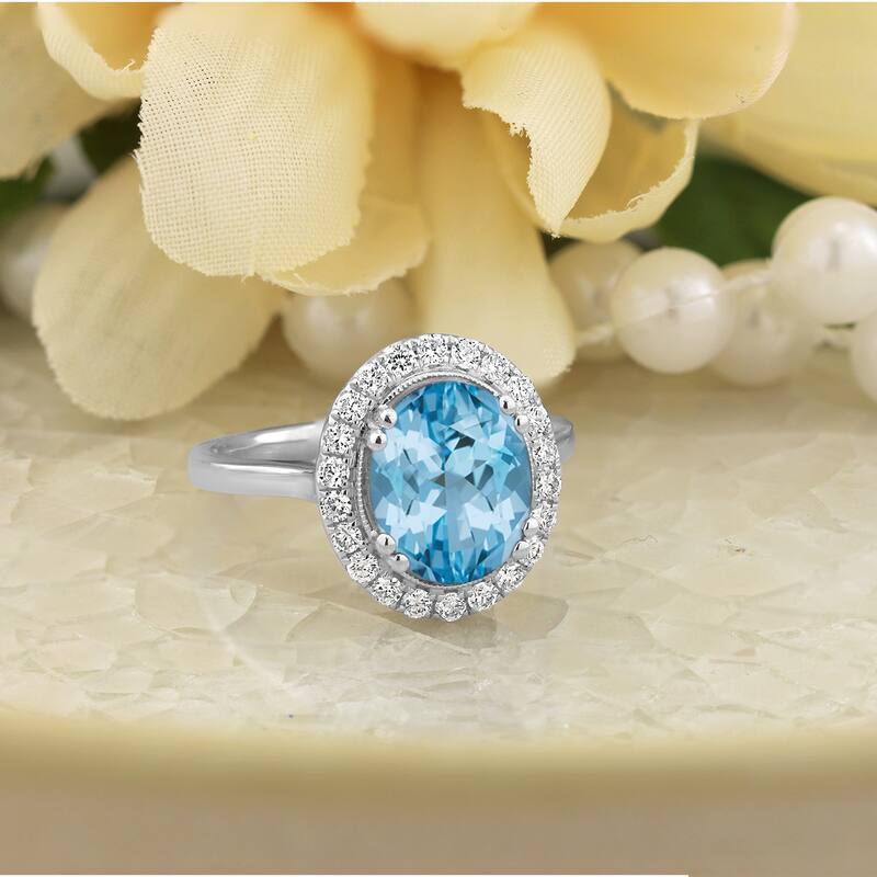 Auriya Vintage 2 5/8ct Oval Sky Blue Topaz and Halo Diamond Engagement Ring 1/3ctw 14k Gold