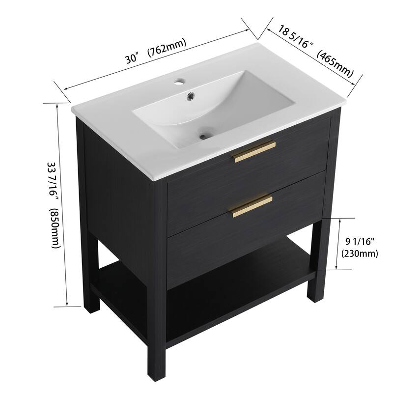 30" Bathroom Vanity with Ceramic Sink, Freestanding, Soft Closing Drawers, 4 Wood Feet, Durable and Water-Resistant