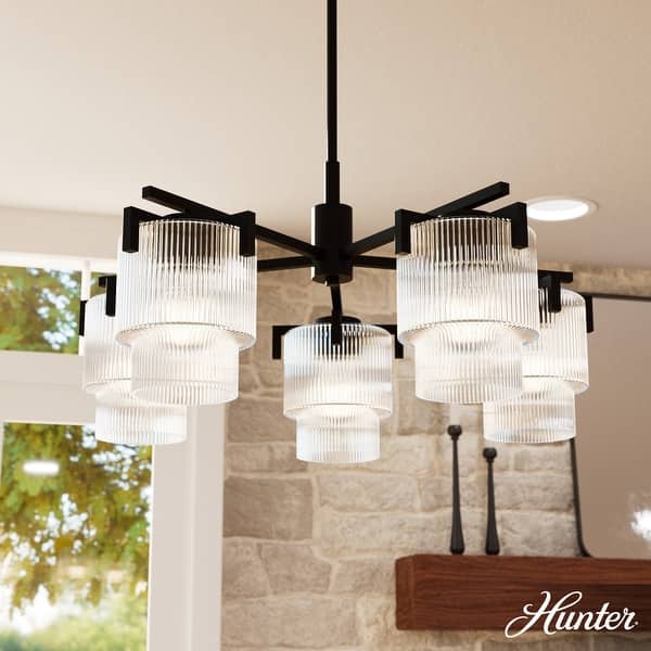 slide 2 of 7, Hunter + Jasmine Roth Ontario Clear Ribbed Glass 5-Light Chandelier - Transitional, Glam Matte Black - Clear Glass