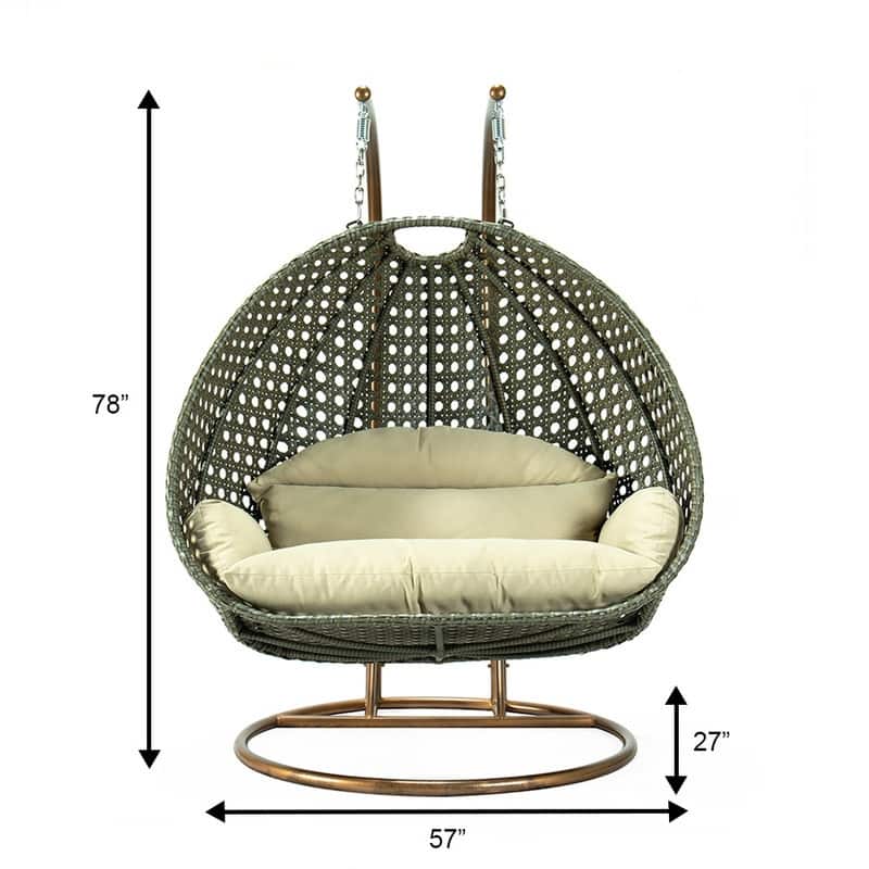 LeisureMod 2-Person Hanging Egg Swing Chair with Metal Stand - Handcrafted Beige Wicker, Patio Hammock Lounger with Cushions