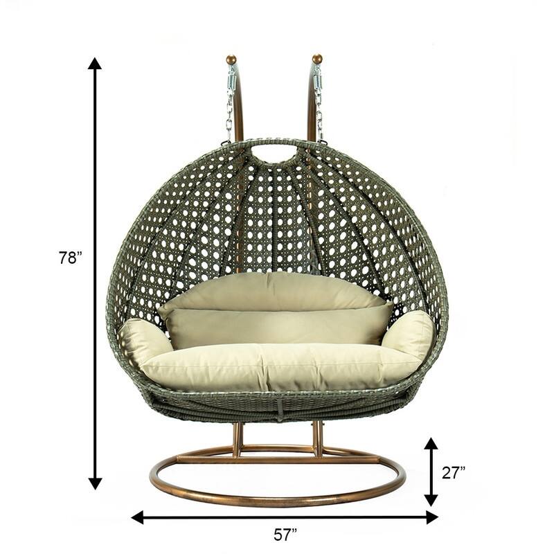 LeisureMod 2-Person Hanging Egg Swing Chair with Metal Stand - Handcrafted Charcoal Wicker, Patio Hammock Lounger with Cushions