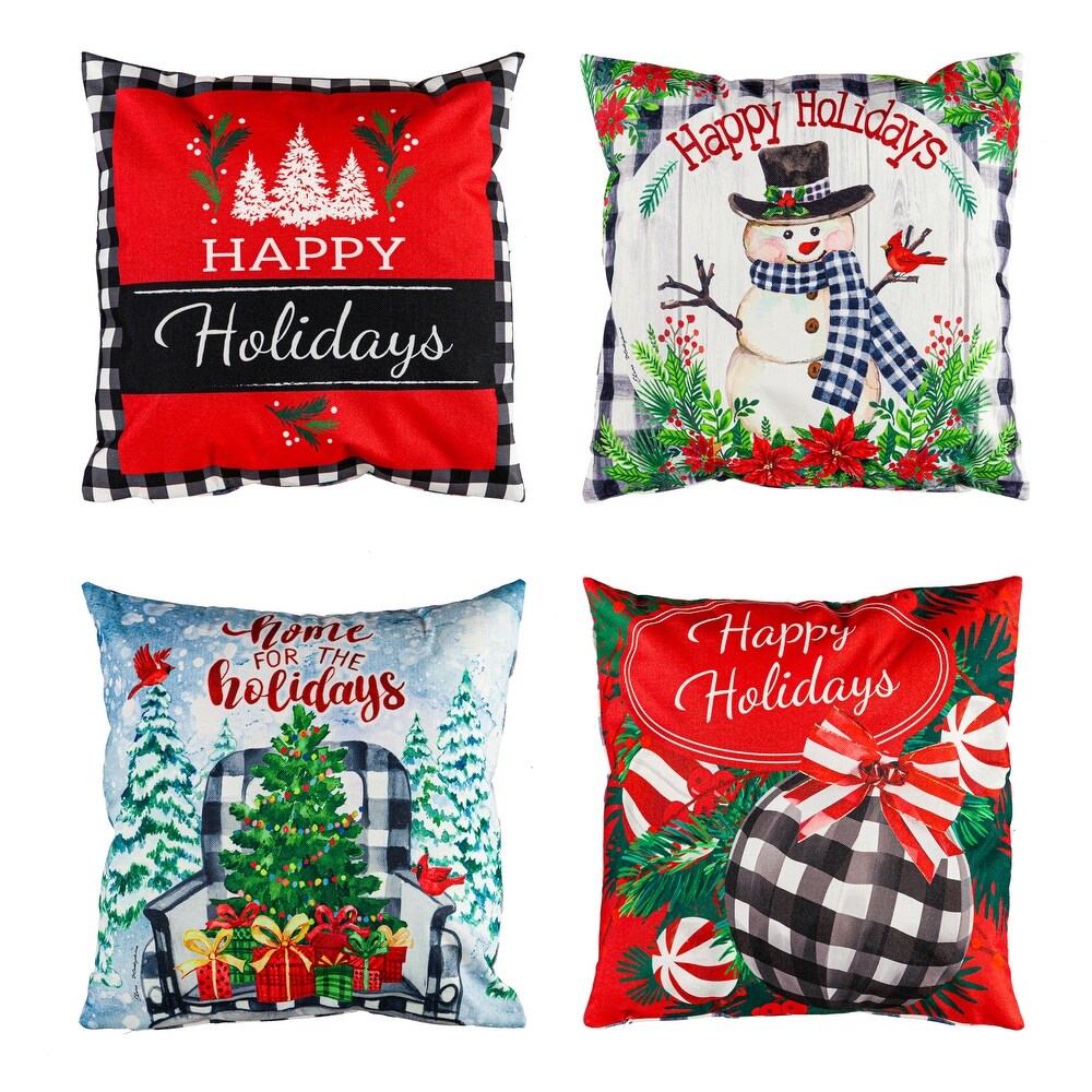 Set of 4 Square Textured Tartan Plaid Velvet Christmas Throw Pillows 15.5