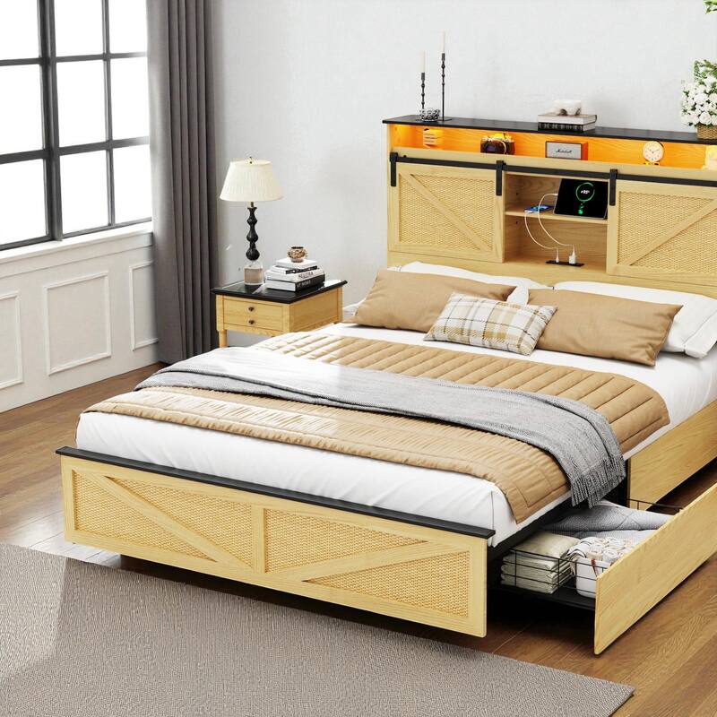 Farmhouse Full/Queen Bed Frame with Storage Headboard, Drawers, Charging Station and RGB LED Lights, MDF and Steel Platform Bed