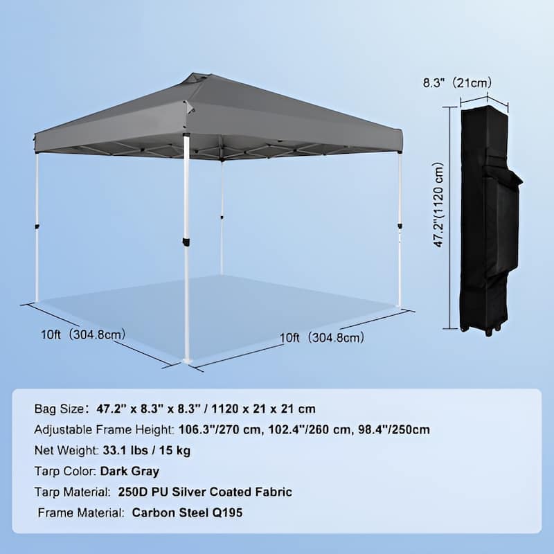 10x10 Ft. PU Canopy Tent with Steel Frame and Wheeled Bag - 120" L x 120" W