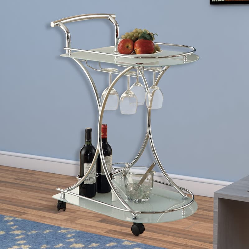 Captivating Serving Cart With 2 Frosted Glass Shelves, Silver - 33.75 H x 26.5 W x 15.75 L Inches - Silver