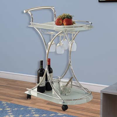 Captivating Serving Cart With 2 Frosted Glass Shelves, Silver - 33.75 H x 26.5 W x 15.75 L Inches