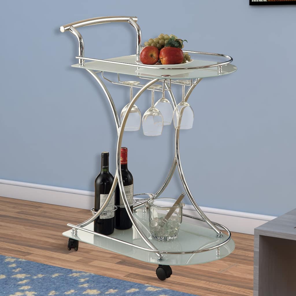 Captivating Serving Cart With 2 Frosted Glass Shelves, Silver - 33.75 H x 26.5 W x 15.75 L Inches