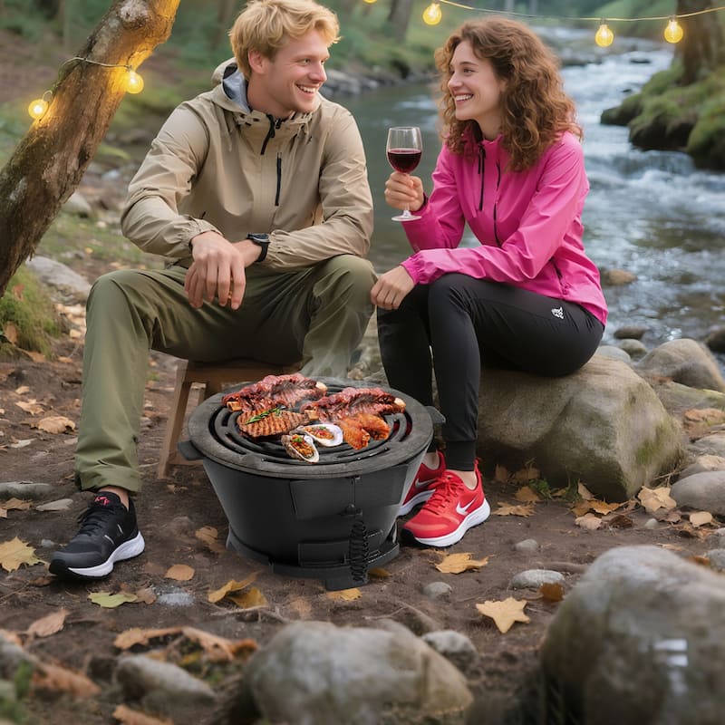 12" Round Portable Cast Iron Charcoal Grill Hibachi BBQ Stove for Camping or Picnics - 14" x 12.5" x 6.5"