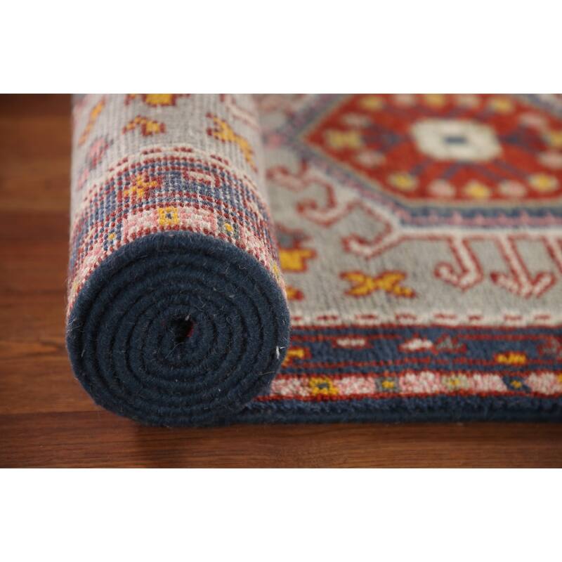Geometric Green Kazak Indian Runner Rug Hand-knotted Wool Carpet - 2'6"x 9'11"