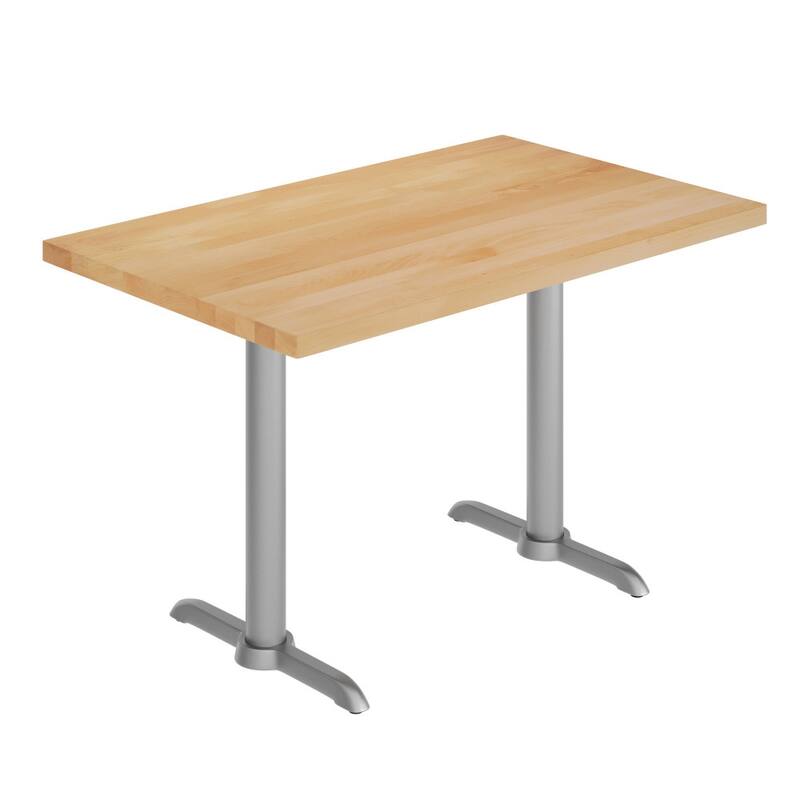 Rectangular Solid Wood Commercial Tabletop w/Two 22" x 22" Dining Height T-Bases - 30"W x 48"D x 29.5"H - Natural Top/Silver Base