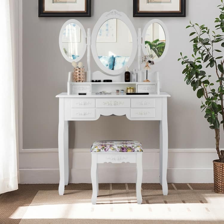 7 Drawer Tri-Folding Mirror Dressing Vanity Makeup Set - 35.5" x 16" x 59.5" (L x W x H)