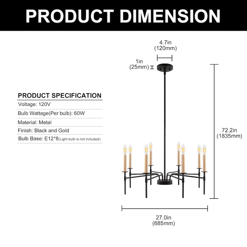 Modern Chandelier for Dining Room 8-Light Farmhouse Chandelier Lighting Fixtures Rustic Candle for Living Room Foyer Bedroom