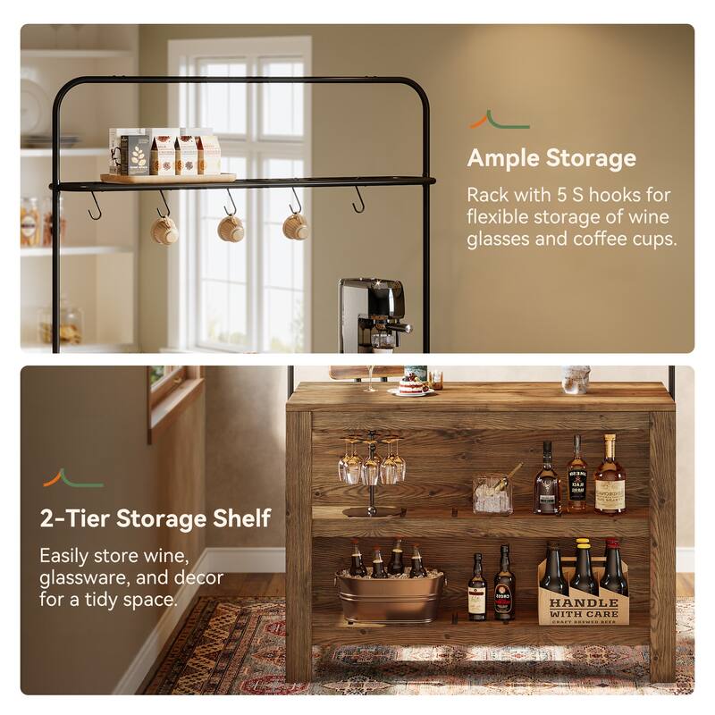 47 Inch Solid Wood Bar Table Home Bar Unit with Storage and 5 Hooks - 23.62" D x 47.24" W x 70.08" H