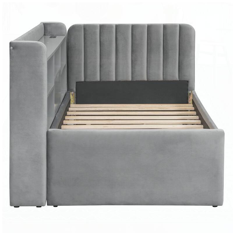 Upholstered Daybed with Trundle and Storage Shelves