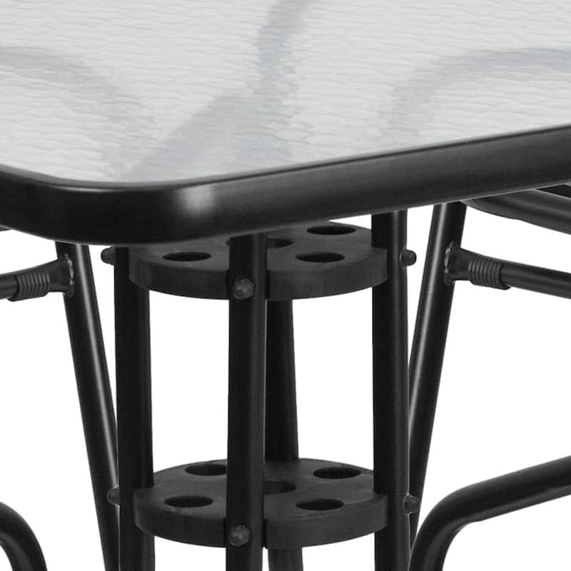 31.5" Square Glass Metal Table with 4 Metal Aluminum Slat Stack Chairs