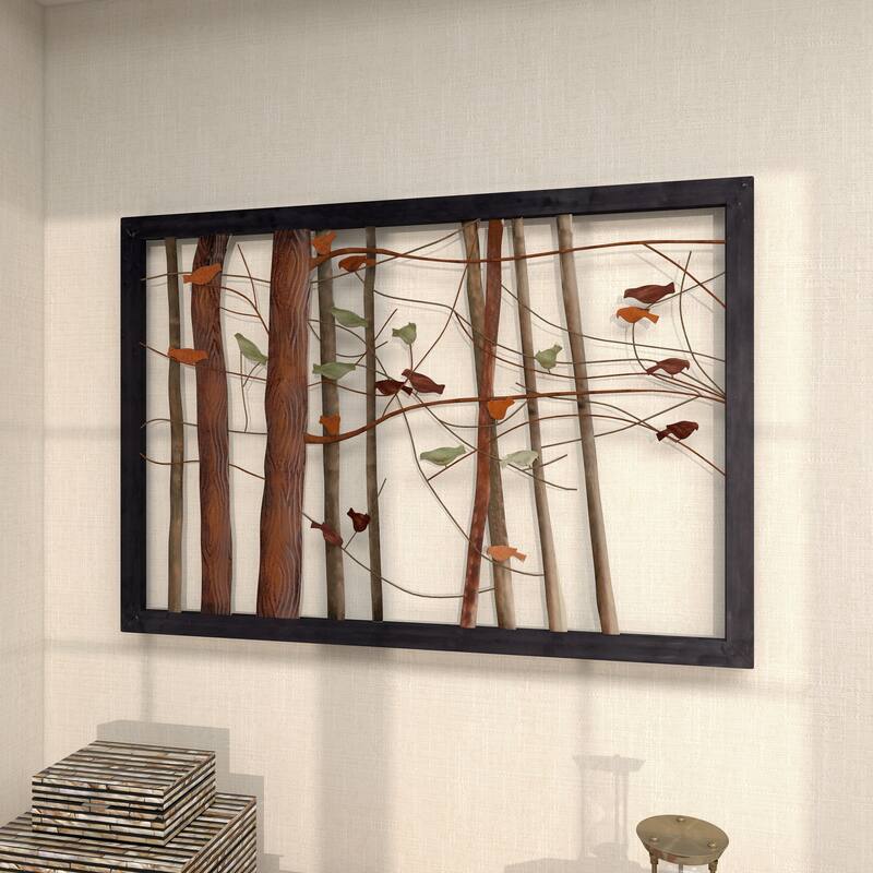 Multi Colored Metal Cutout Bird Home Wall Decor with Tree Branch Accents and Black Metal Frame