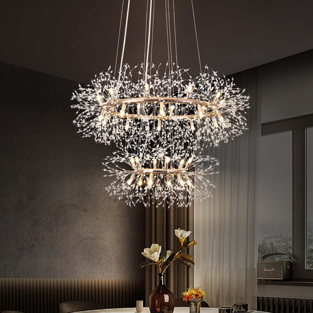 Modern Glam Large 2-Tire Firework Sputnik Crystal Chandelier - W 47.3"