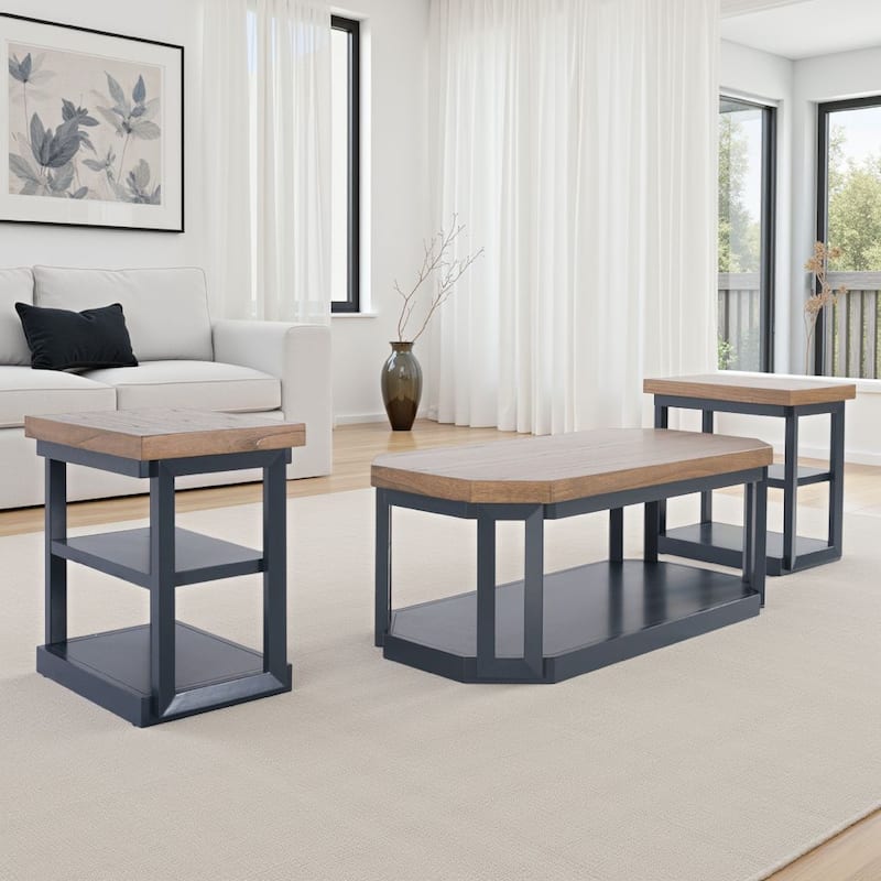 Docken 3pc Coffee n End Table Set, Shelf, Wheels, Dark Blue Slate