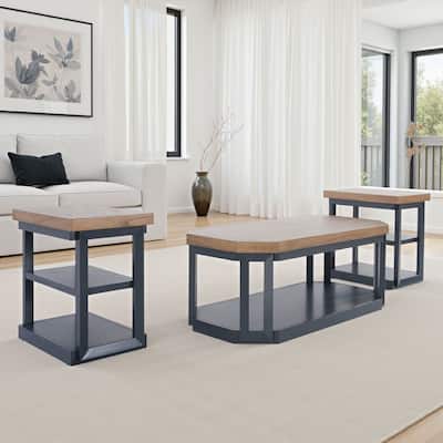 Docken 3pc Coffee n End Table Set, Shelf, Wheels, Dark Blue Slate
