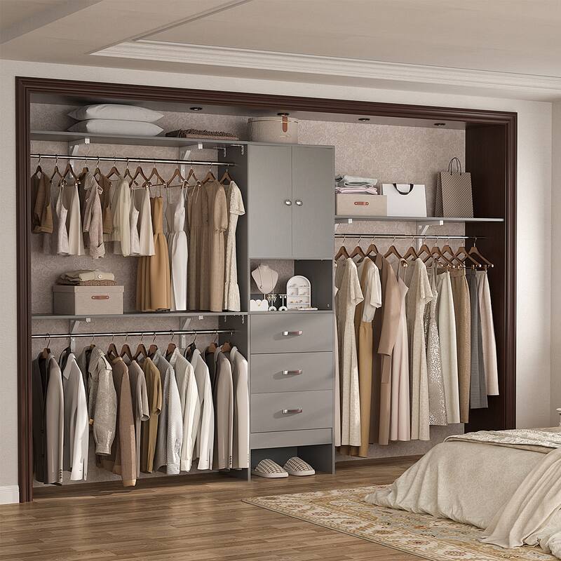 Rackcog 20.3'' - 120'' Large Closet Organizer with Doors, Closet System with Drawers and Hanging Rods (can be cut to fit) - Grey