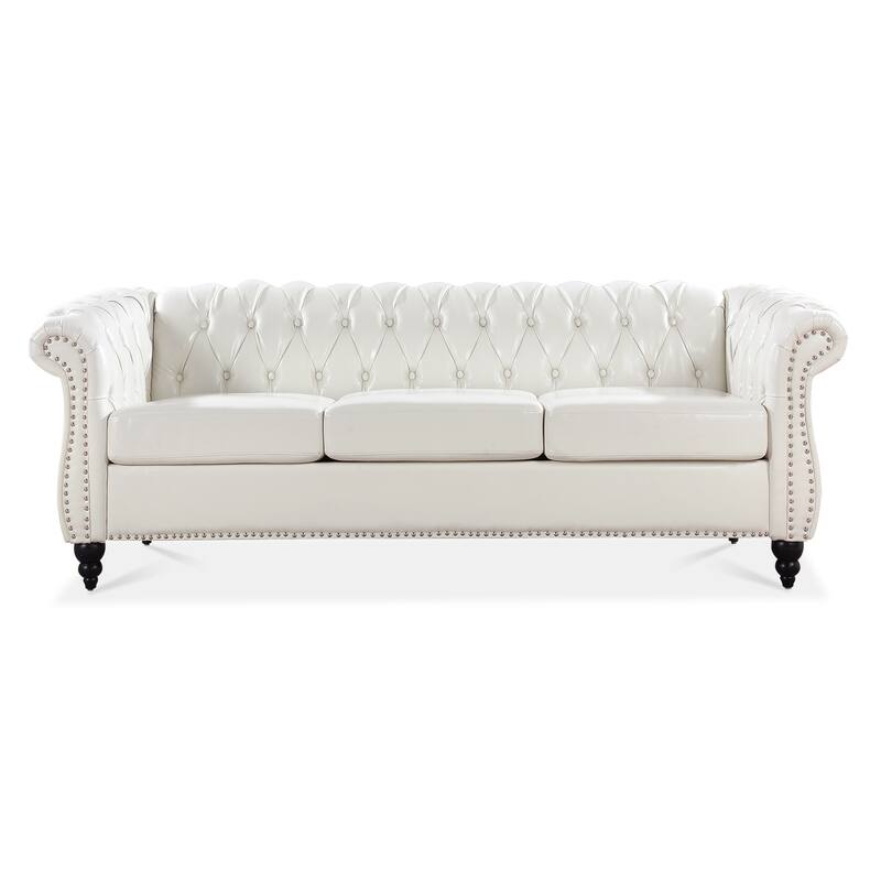 Classically Elegant 84.65" Three-Seater Rolled Arm Chesterfield Sofa in PU Leather - Sturdy Birch Legs, Soft Upholstery
