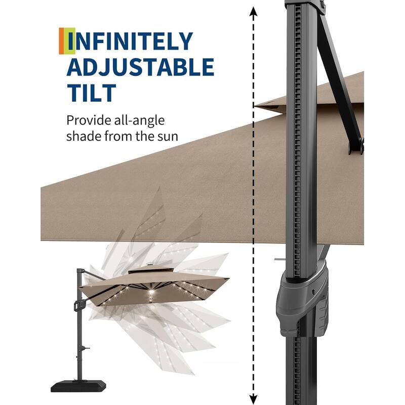 10x10Ft Square Solar LED Cantilever Umbrella , with Weighted Base