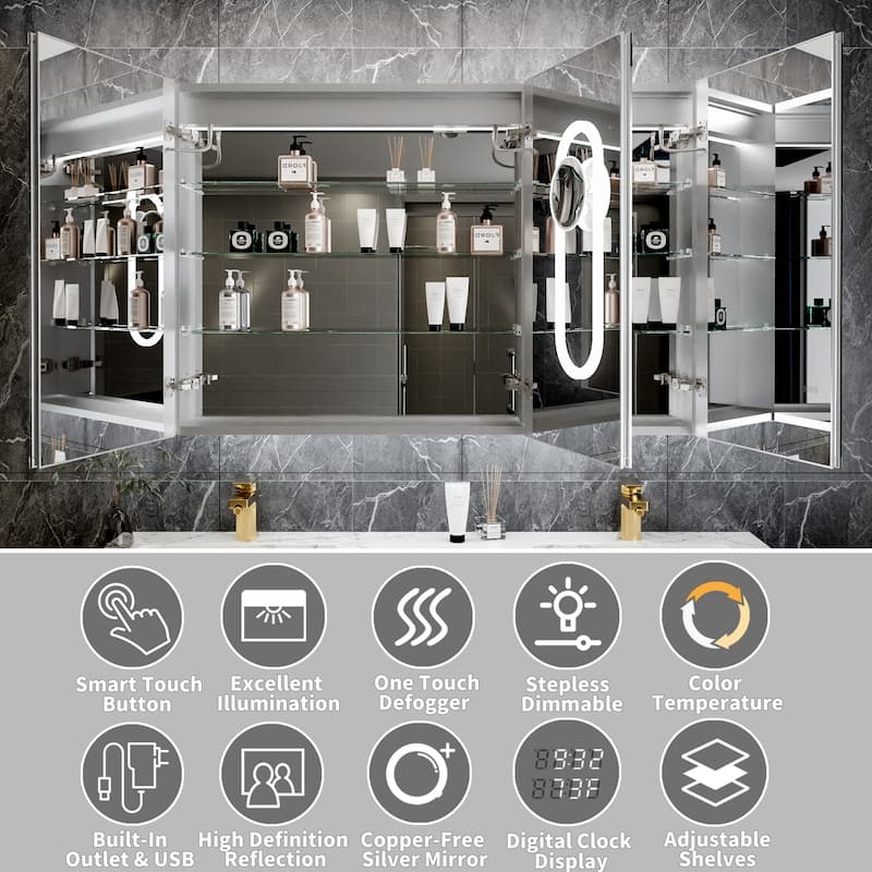 Modland Recessed Smart Mirror Cabinet 24-48x32" with Lights, Anti-Fog, Outlet & Magnifier - Adjustable Shelves