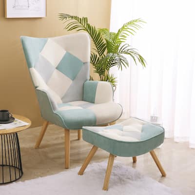 Accent Chair with Ottoman, Comfy Side Armchair for Bedroom, Creative Splicing Cloth Surface