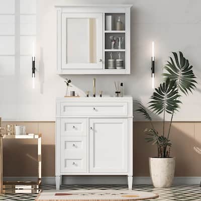 30-Inch Bathroom Vanity with Ceramic Undermount Sink, Mirror Cabinet, 3 Soft-Close Drawers, and Modern Design