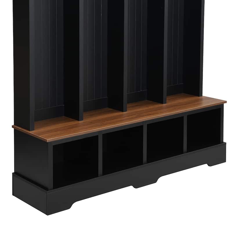 Farmhouse 59"W Hall Tree with 8 Hooks, 3-in-1 Entryway Bench with Open Storage for Coats and Shoes, 76.7" H Wood Mudroom Rack