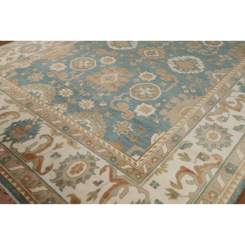 Floral Blue Oushak Style Area Rug Handmade Wool Carpet - 9'0" x 11'10"