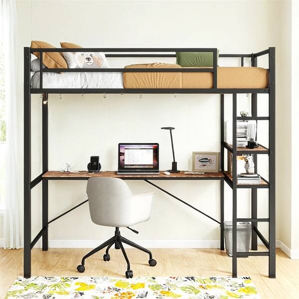 slide 2 of 9, Twin Size Loft Bed with L Shaped Desk and Shelves,Charging Station