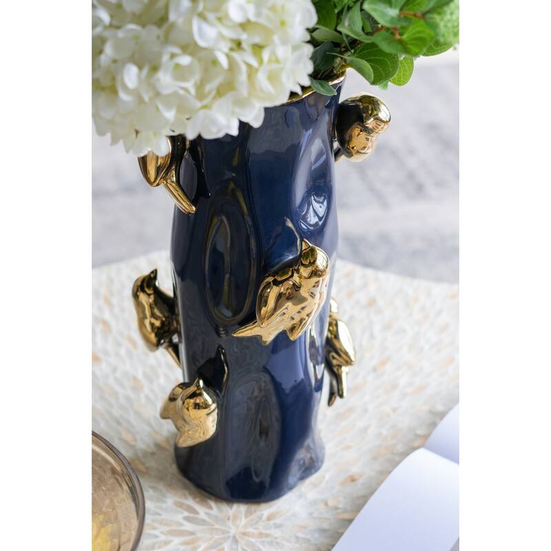 8x8x15.5" Blue Ceramic Tree Branch Vase with Gold Bird Accents