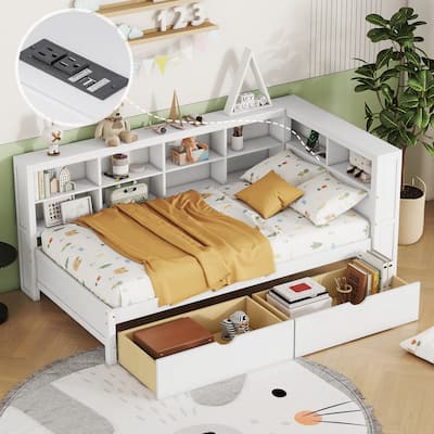 White Twin Size Wooden Daybed with Two Drawers, Storage Shelf, and USB Charging