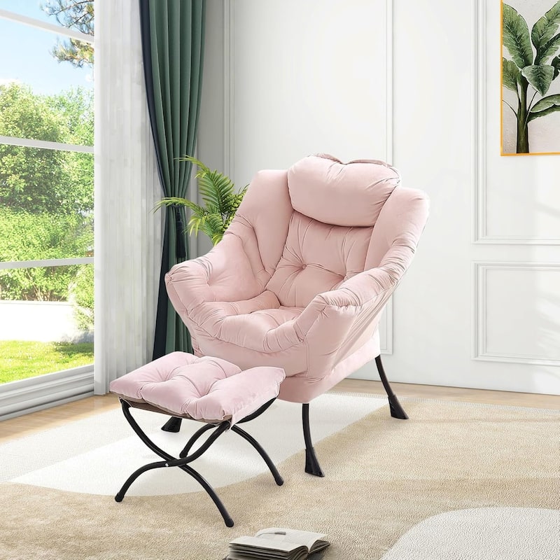 Lazy Chair with Ottoman,Reading Armchair with Side Pocket for Living Room - Light Pink