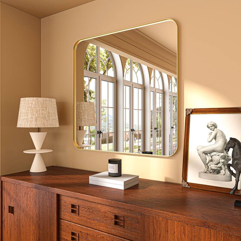 Organnice Rectangular Aluminum Framed Modern Rounded Wall Mount Mirror