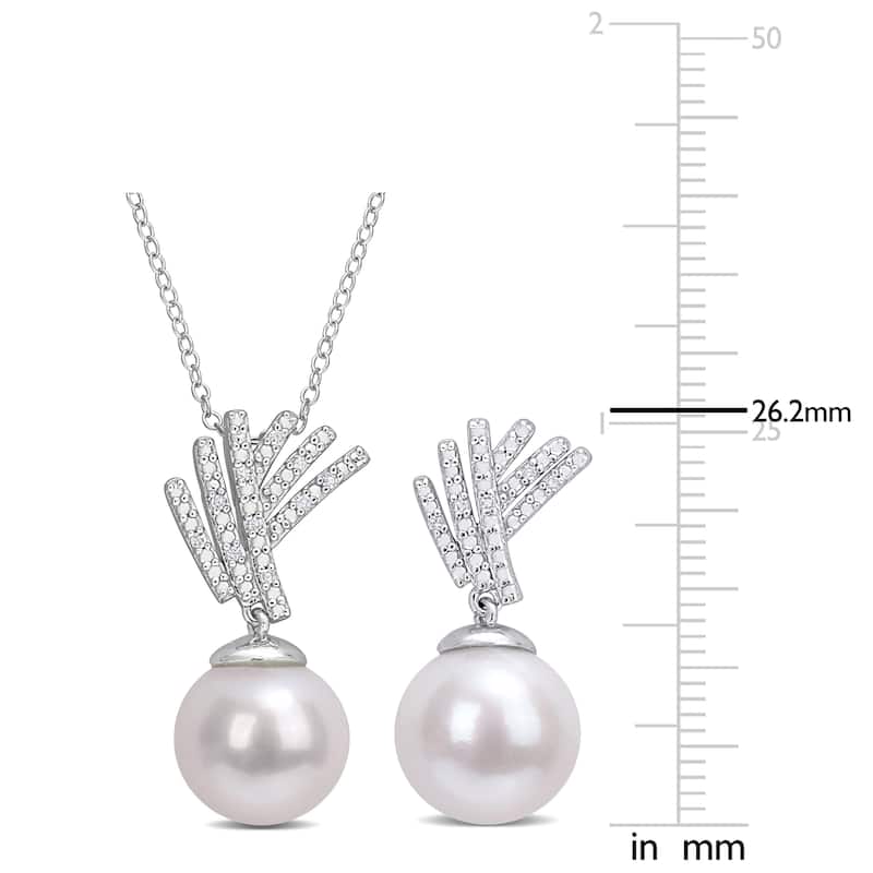 Miadora White Cultured Freshwater Pearl 1/10ct TDW Diamond Jewelry Set Sterling Silver